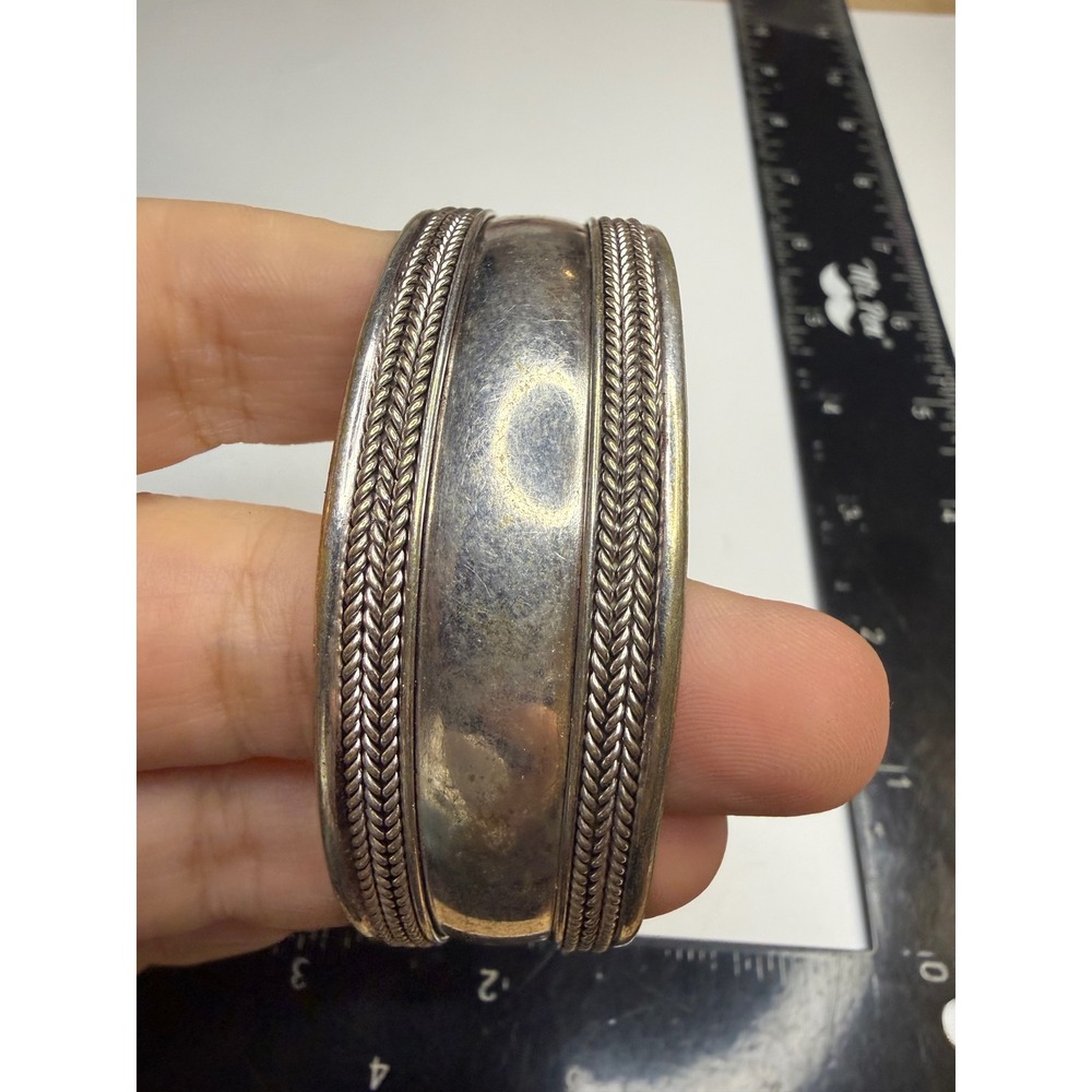 Wide Silver Tone Braided Rope Border Cuff Bracelet Bohemian Statement Jewelry